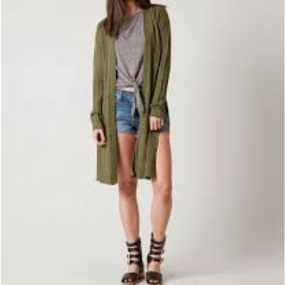 Free People Ribby Rib Open Front Long Line Cardigan in Moss - Size Small - Picture 1 of 7